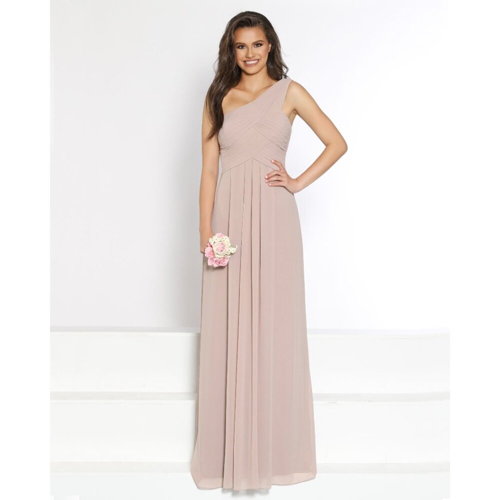 Long Chiffon One Shoulder Bridesmaid Dress Cappuccino Size 10. With Pockets
